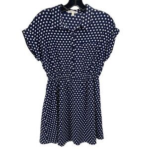 Monteau Womens Polka Dots Dress Mini Short Sleeve Button Pocket Large Blue White
